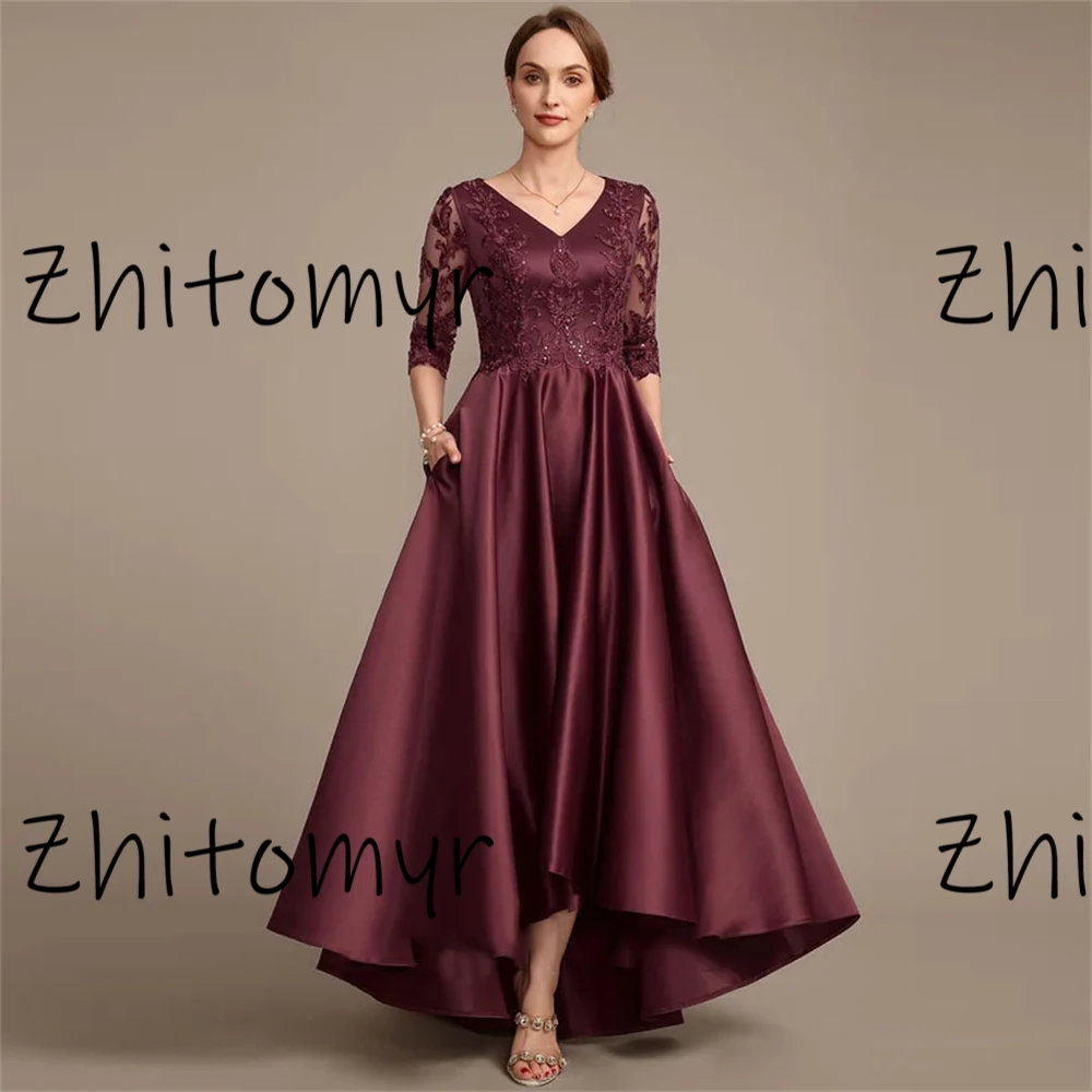 2024 elegant high quality Women Satin Pleated A-Line Dress Solid Color V-Neck Lace Dress Half Sleeve Casual Large Hem Dress