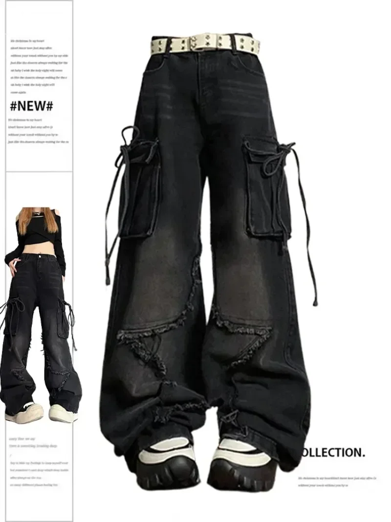 Women\'s Black Gothic Baggy Cargo Jeans with Star Harajuku Y2k 90s Aesthetic Denim Trousers Emo 2000s Jean Pants Vintage Clothes