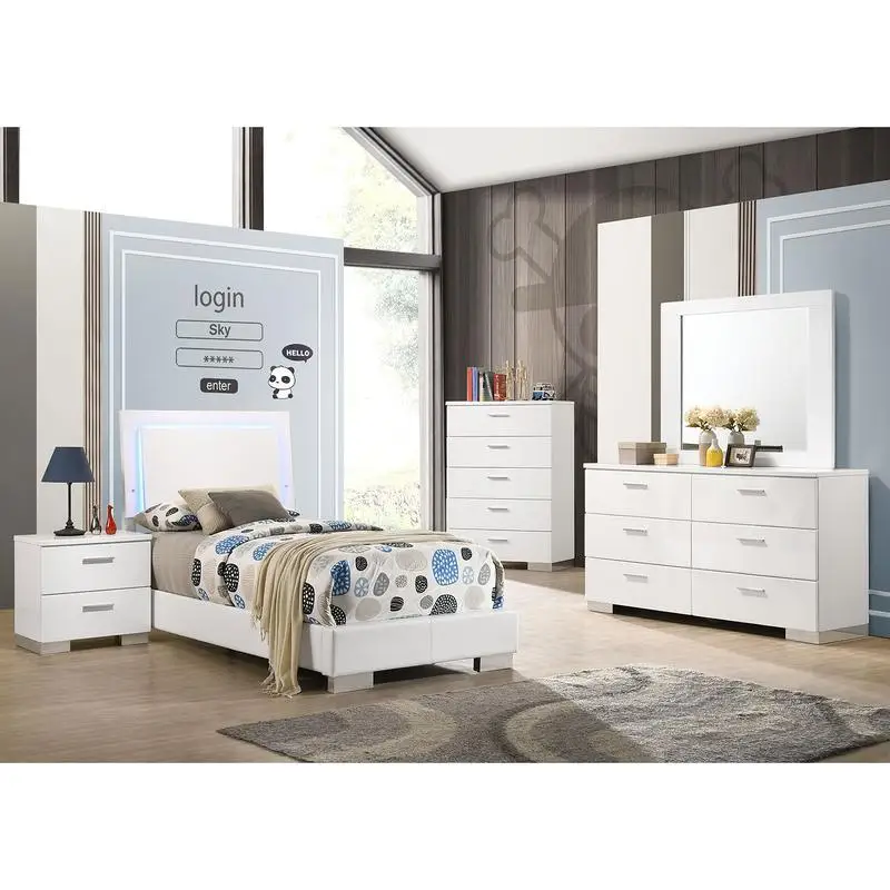 White High Gloss 4-Piece Twin Bedroom Set with Contemporary Design and Durable Finish