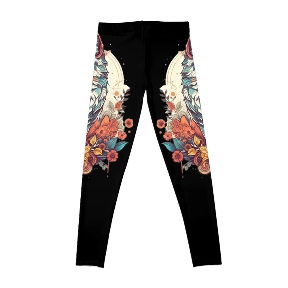 Colorful Wolf With Flowers Leggings Women's sports Women's sportswear Sports pants woman Sportswear woman gym Womens Leggings