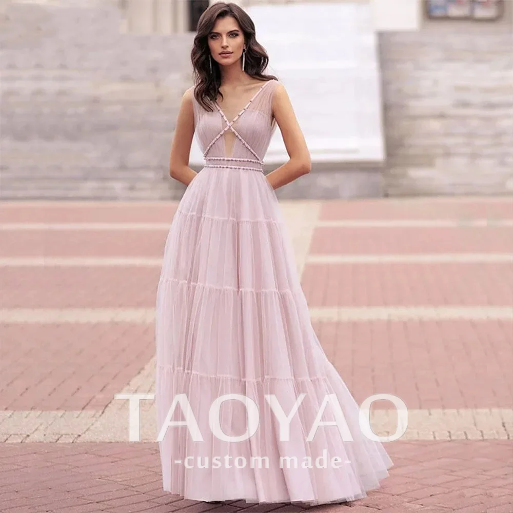 

A-Line Deep V-Neck Bead Long Evening Dresses Customized Prom Dress For Women Party Tulle Pearls Floor Length Sexy Robe De Soriee