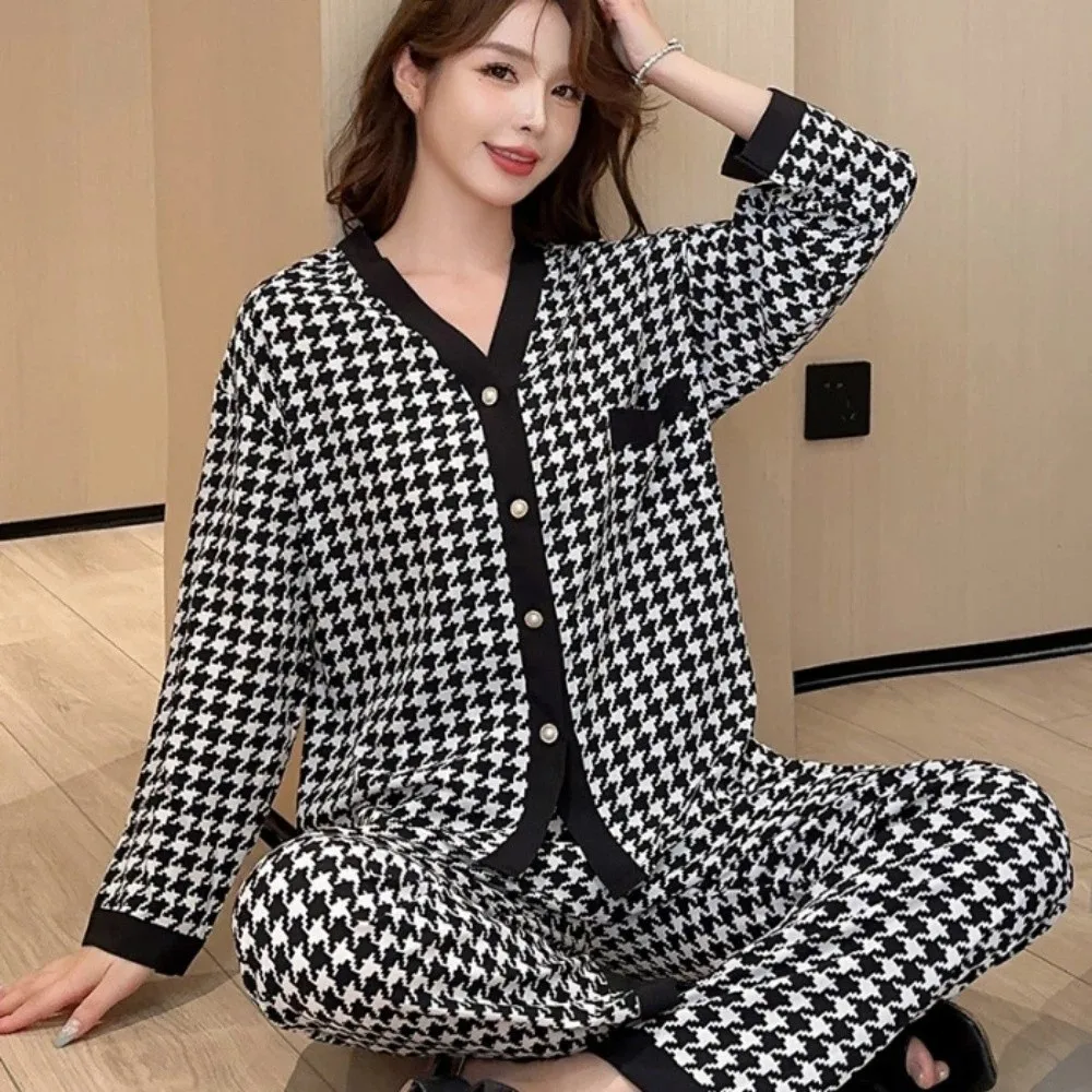 

Sweet V-neck Grid Pajamas Women Loose Homewear Two Piece Nightwears Spring Autumn Casual Leopard Sleepwear Set Home