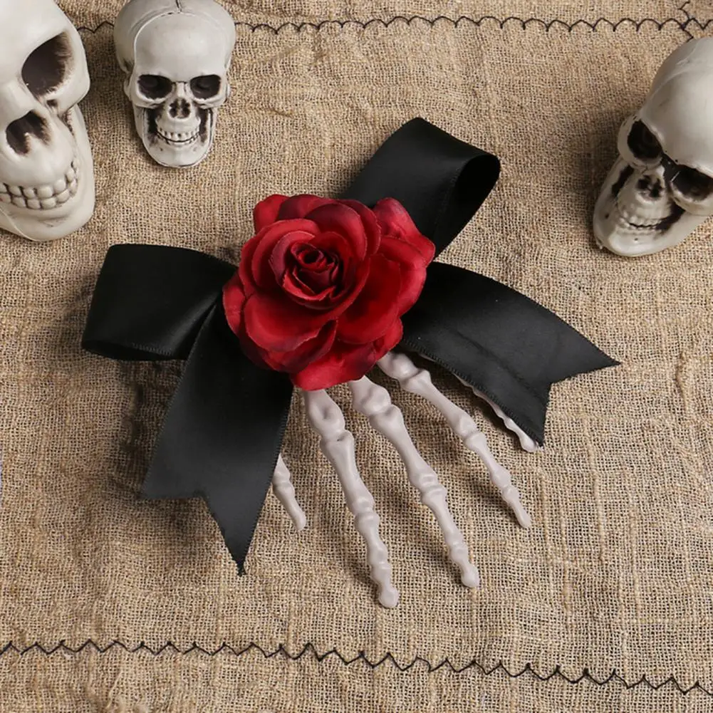 Eerie Design Hair Accessory Dark Style Halloween Hair Pin Skeleton Hand Frame with Artificial Rose Flower Bow Decoration for A