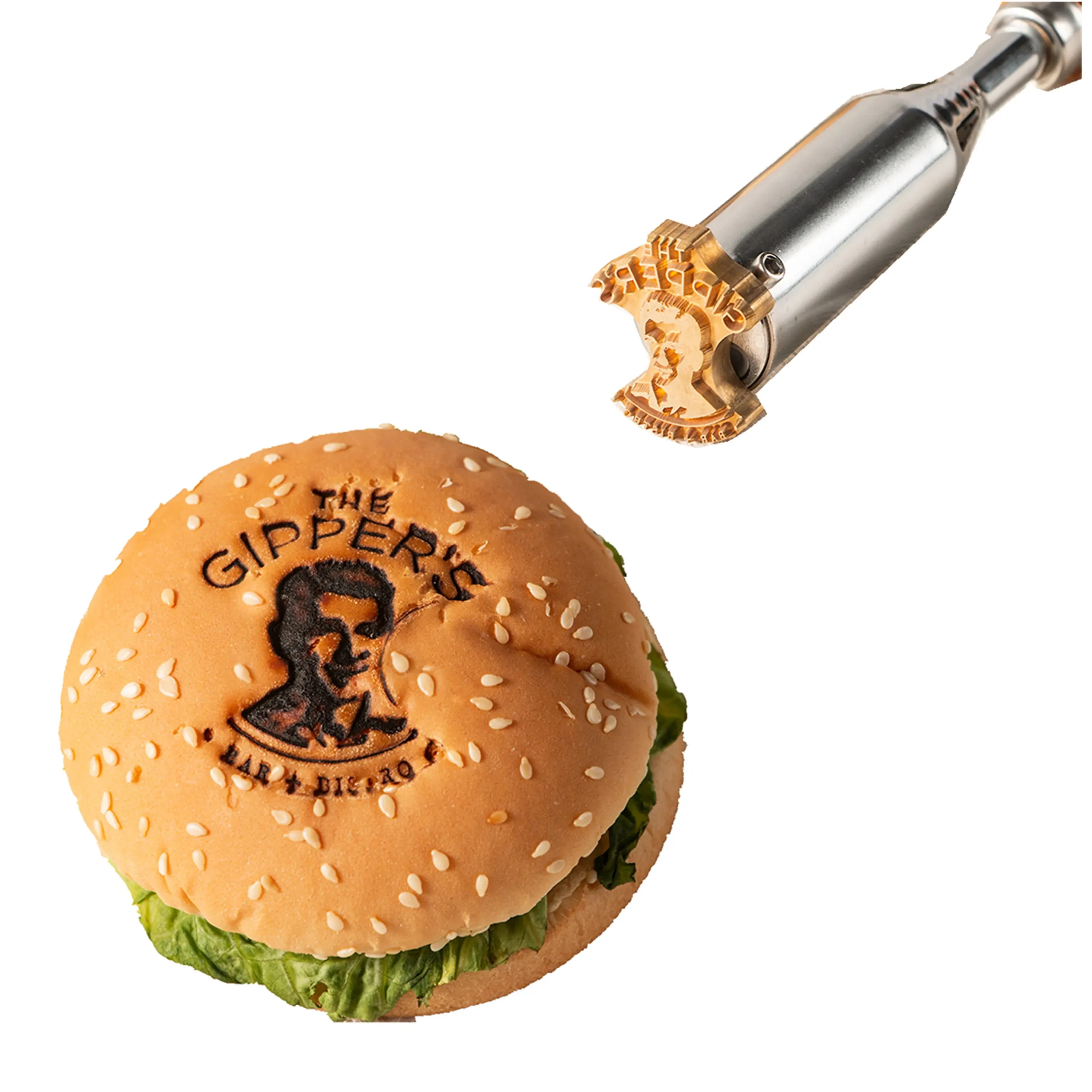 

Professional Bun Mold Burger Pizza Food Cake Brand Stamp Logo Iron Gold Custom JB5515 Fire Wood for Wood Europe Leather Mother