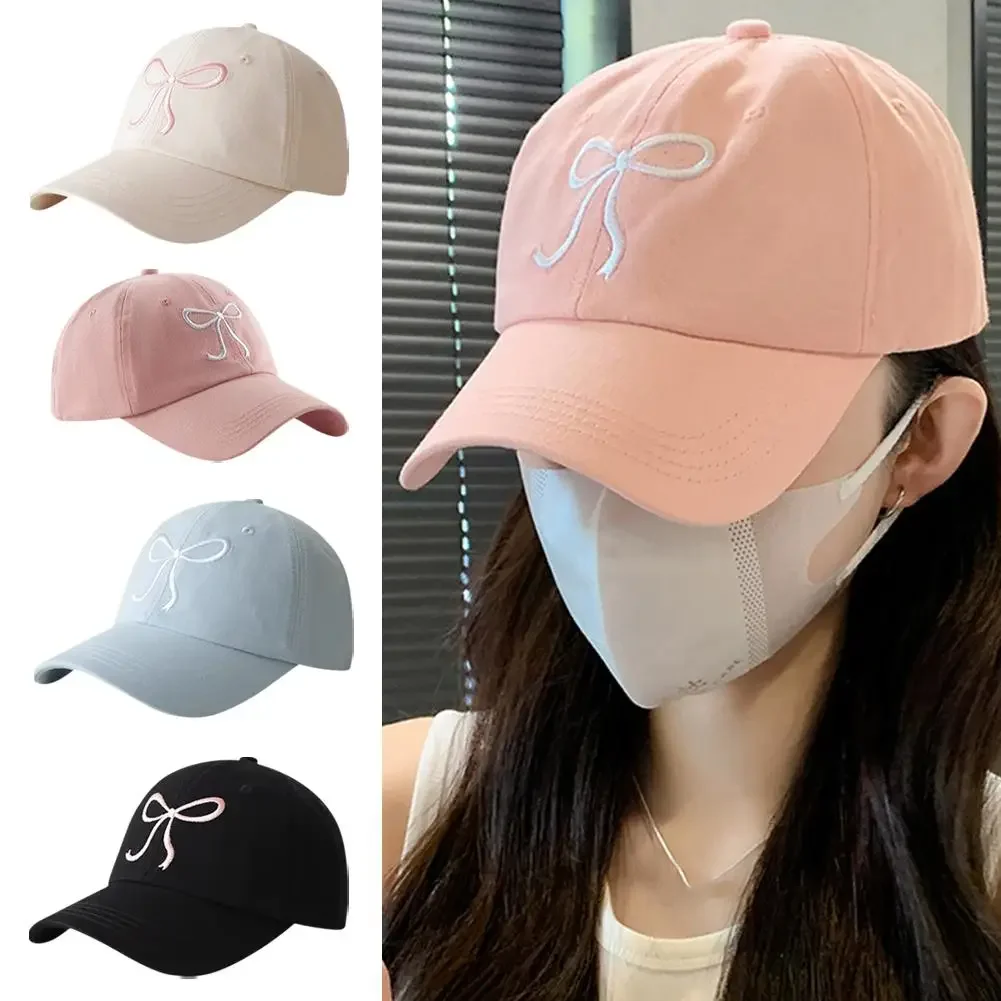 

Bow Baseball Cap Women Y2K Pink Bows Embroidered Snapback Hat Summer Adjustable Soft Top Peaked Caps Gorras 야구모자