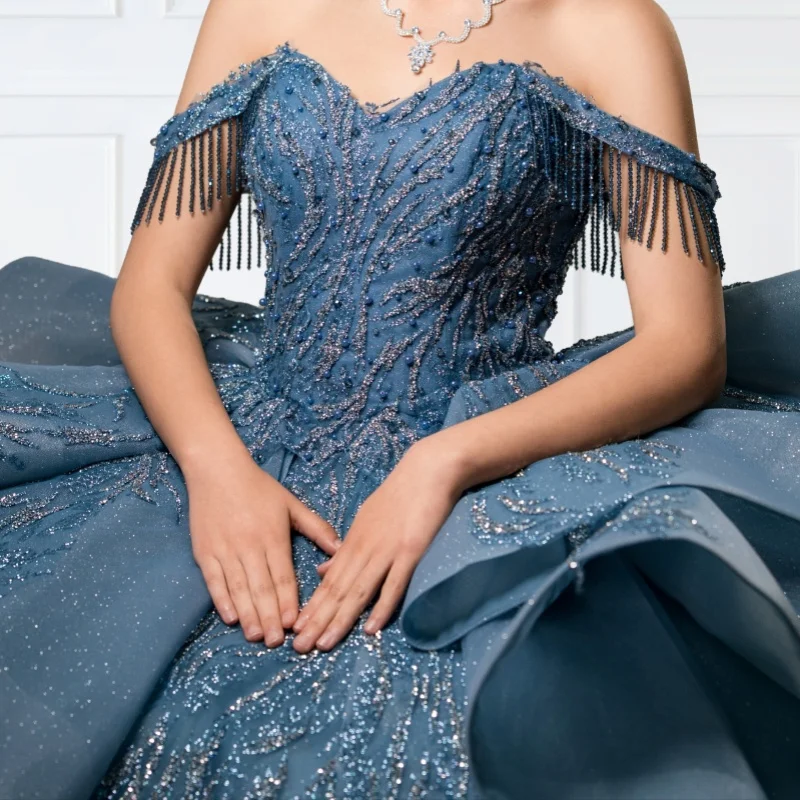 

Haze Blue Quinceanera Dress off-shoulder Glitter Crystal Pearl Decal Layering Long tail vestidos de 15 Quinceanera ﻿Customize