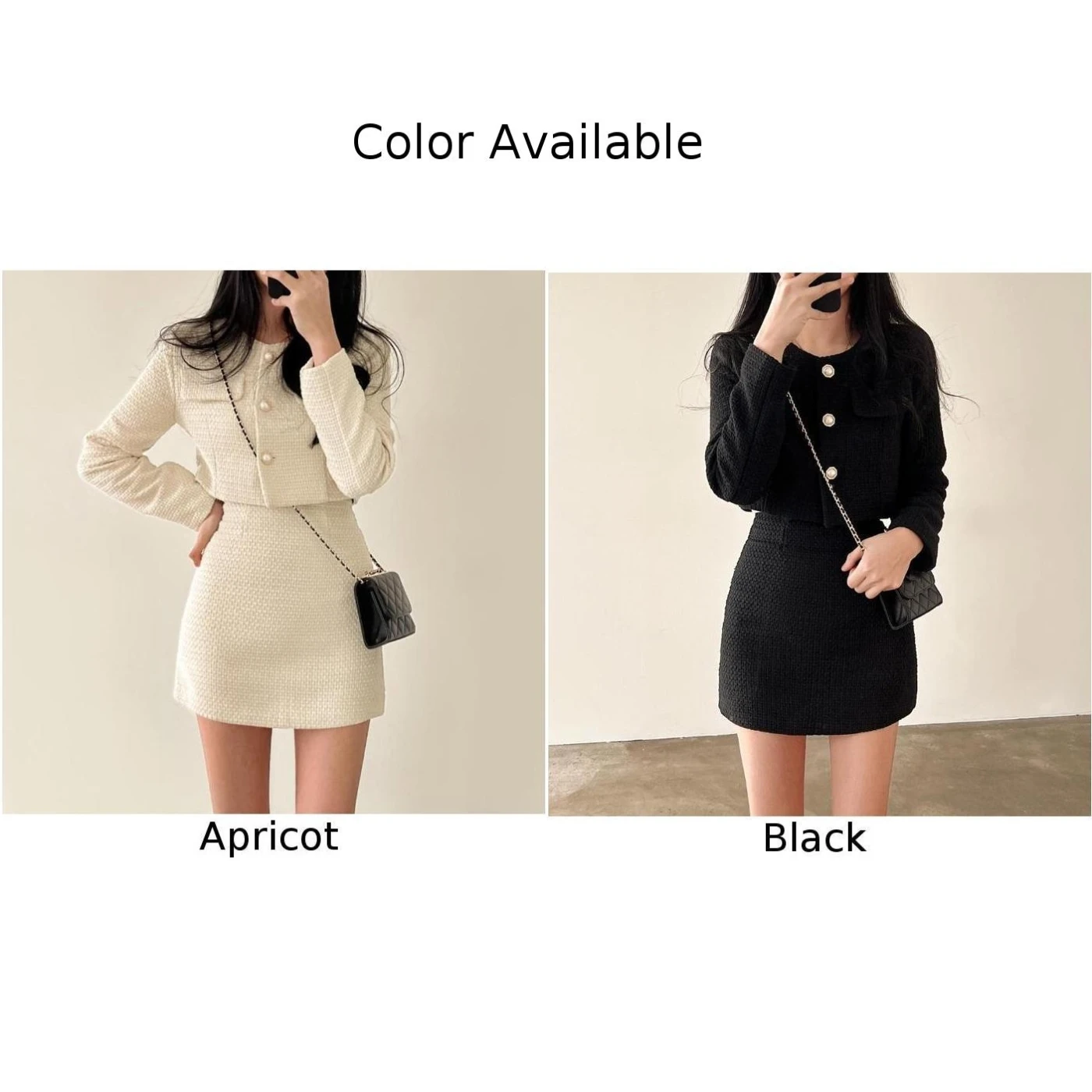 المرأة الخريف تويد أزرار اللؤلؤ سترة وتنورة ألف خط 2PCS مجموعات بدلة أنيقة