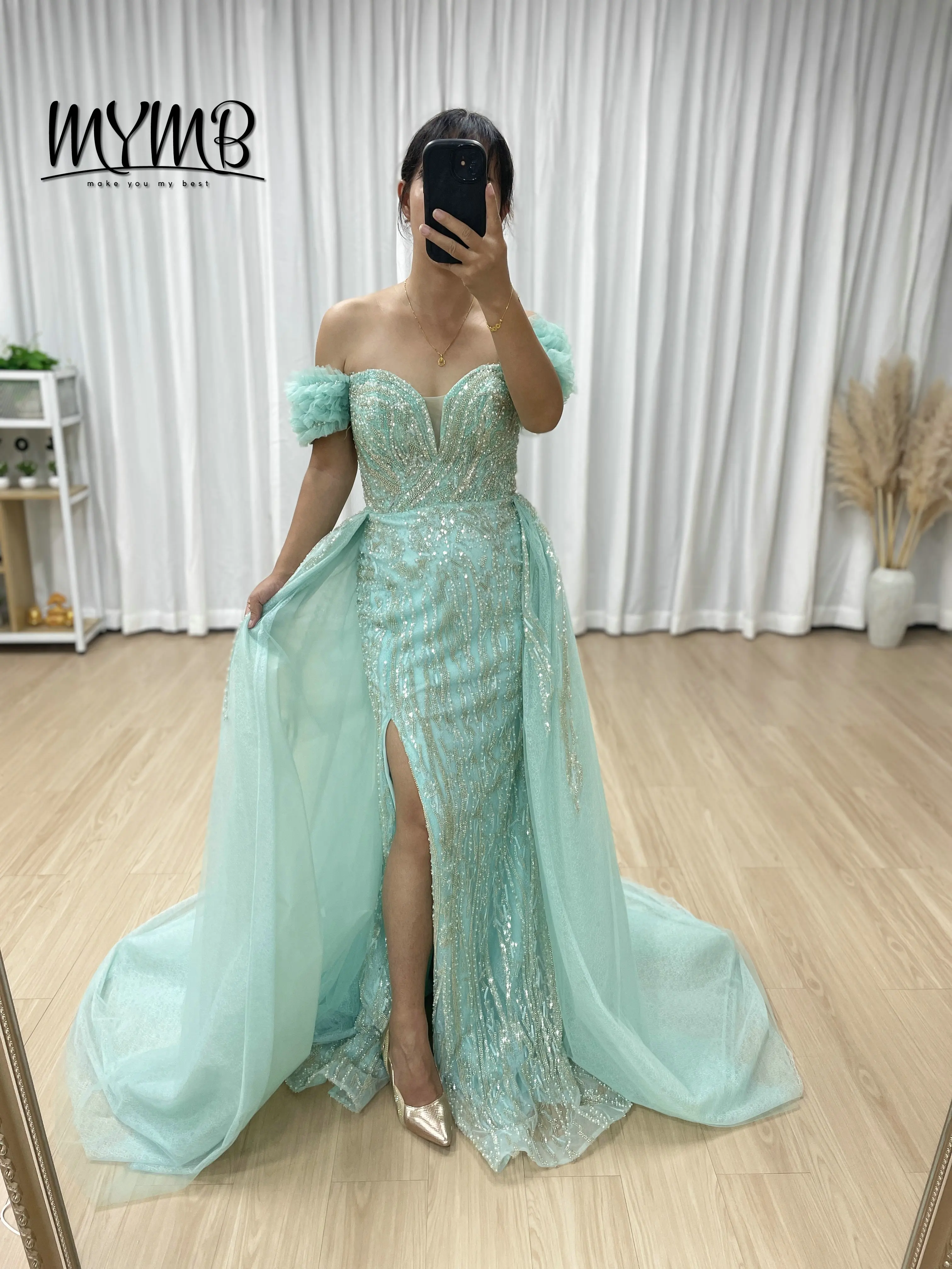 

MYMB Luxury Beaded Elegant off Shoulder Wedding Party Dress Green Long Evening Gown for Women Plus Size with High Slits MY30191