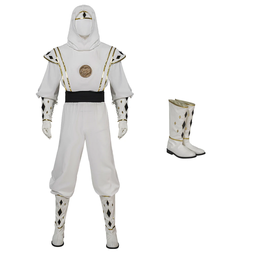 

Adult Male Tommy Oliver White Ninja Cosplay Halloween White Soldier Uniform Superhero Ranger Costume Battle