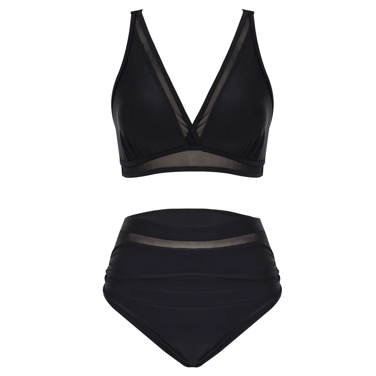 Damski siateczkowy zestaw bikini z wysokim stanem, seksowny dekolt w serek, modelujący sylwetkę strój kąpielowy.