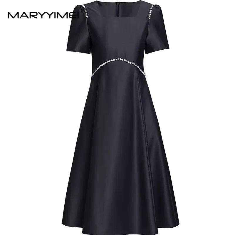 

MARYYIMEI Summer Women's Commuter Dress Elegant Square-Neck Fashion Short-Sleeve Beading A-Line Office Work Dress