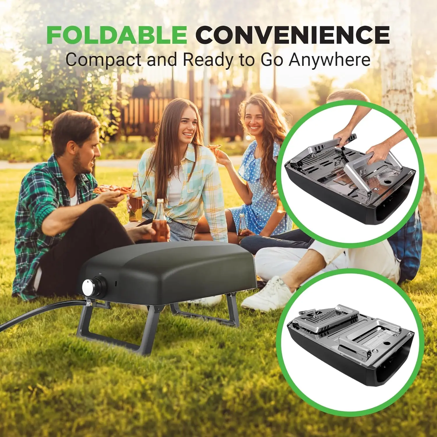 Portable Outdoor Gas Pizza Oven - Includes Foldable Feet, Adjustable Heat Control Dial, Burner, Stone & Regulator