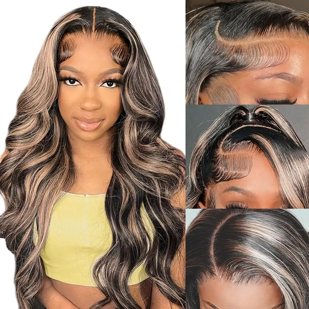 

highlight Colored Ombre Blonde Body Wave hd lace Transparent wig 13x6 human hair Human Hair Lace frontal Wigs 4/27 For Women