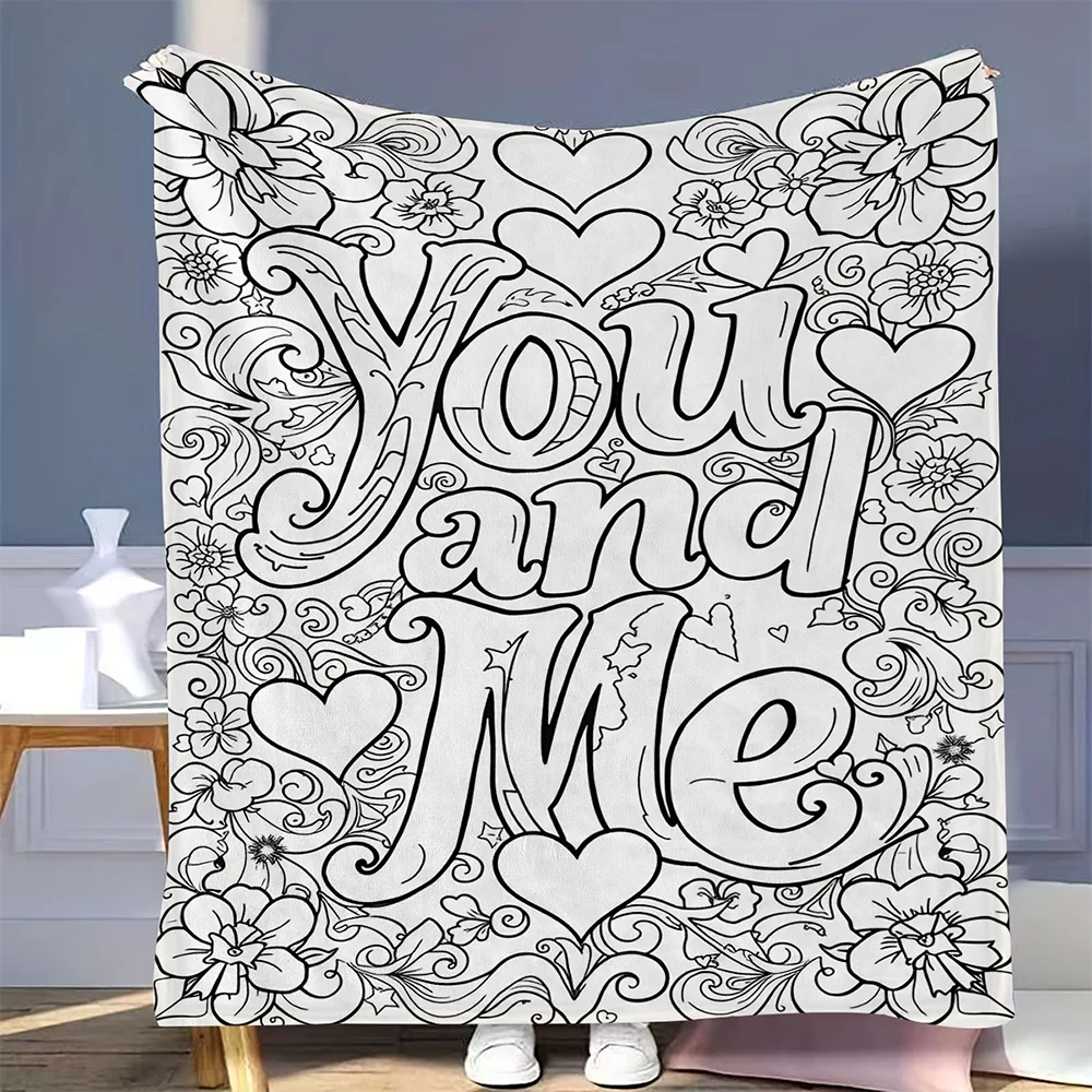 1pc  You And Me Floral Coloring Blanket Customizable DIY Warm Flannel Throw Blanket For Home Decor Gift