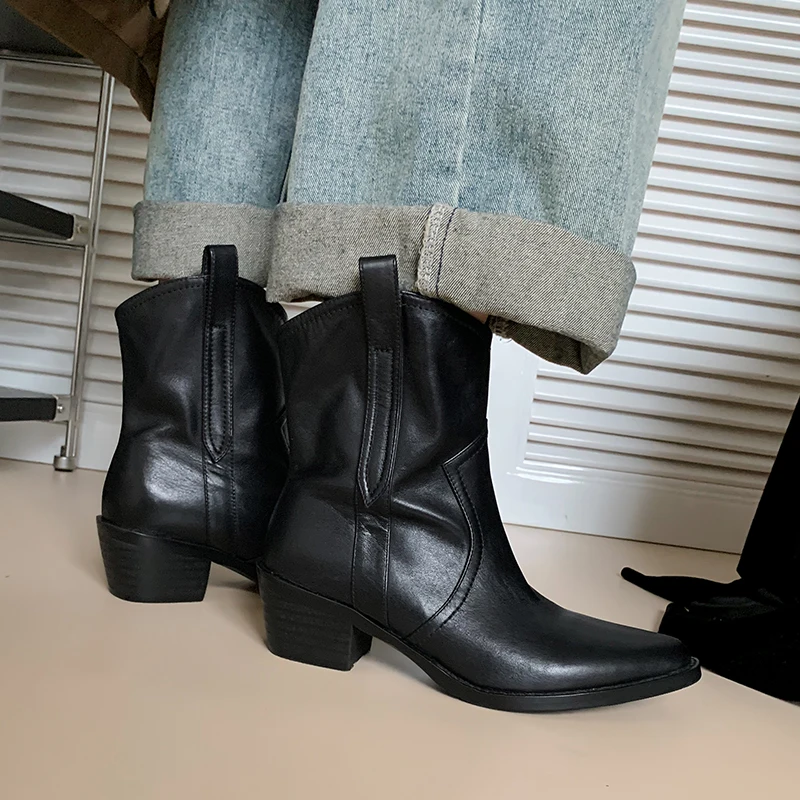 2023 New Winter Chelsea Boots for Woman Genuine Leather Pointy Toe Wedge Heel Ankle Boots Simple Comfortable Cowboy Boots Female