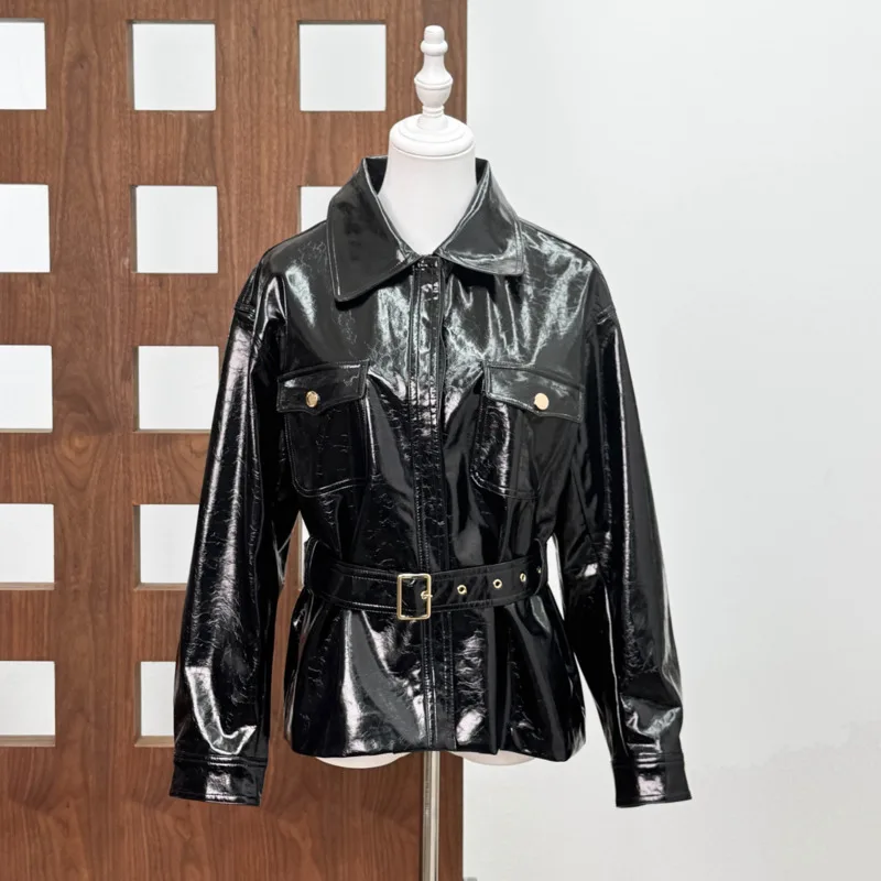 HKSH Damen PU-Leder-Set mit Gürtel, Taillenbetonter Einfarbiger Punk-Ins-Jacke, Vielseitiger A-Linien-Kurzrock, Neu Frühling 2026 HK19412