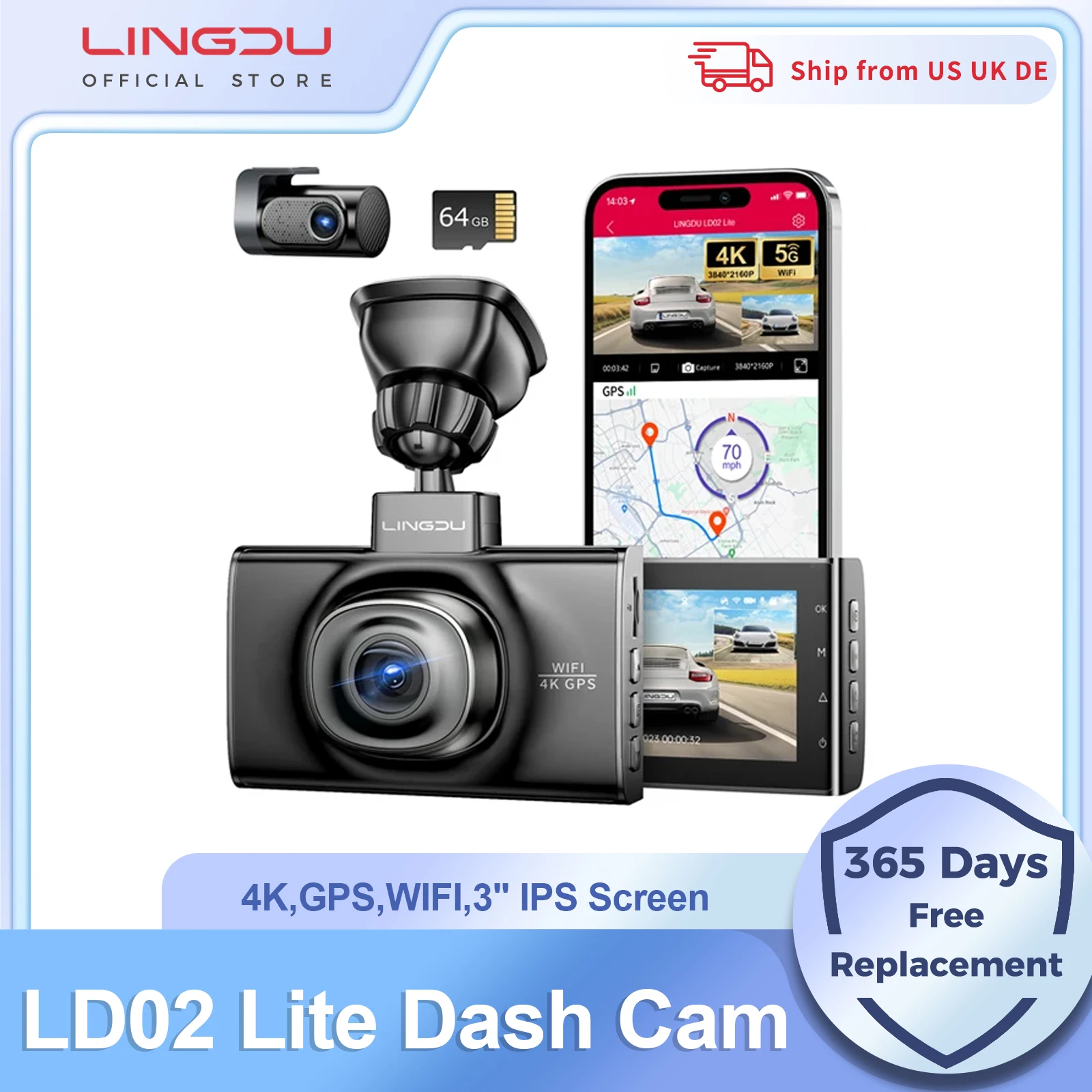 LINGDU LD02 Lite Dash Cam 4K Front 1080P Rear Camera 5.8Gh WiFi GPS 3inch Screen Voice Control 24H Parking Monitor Night Vision