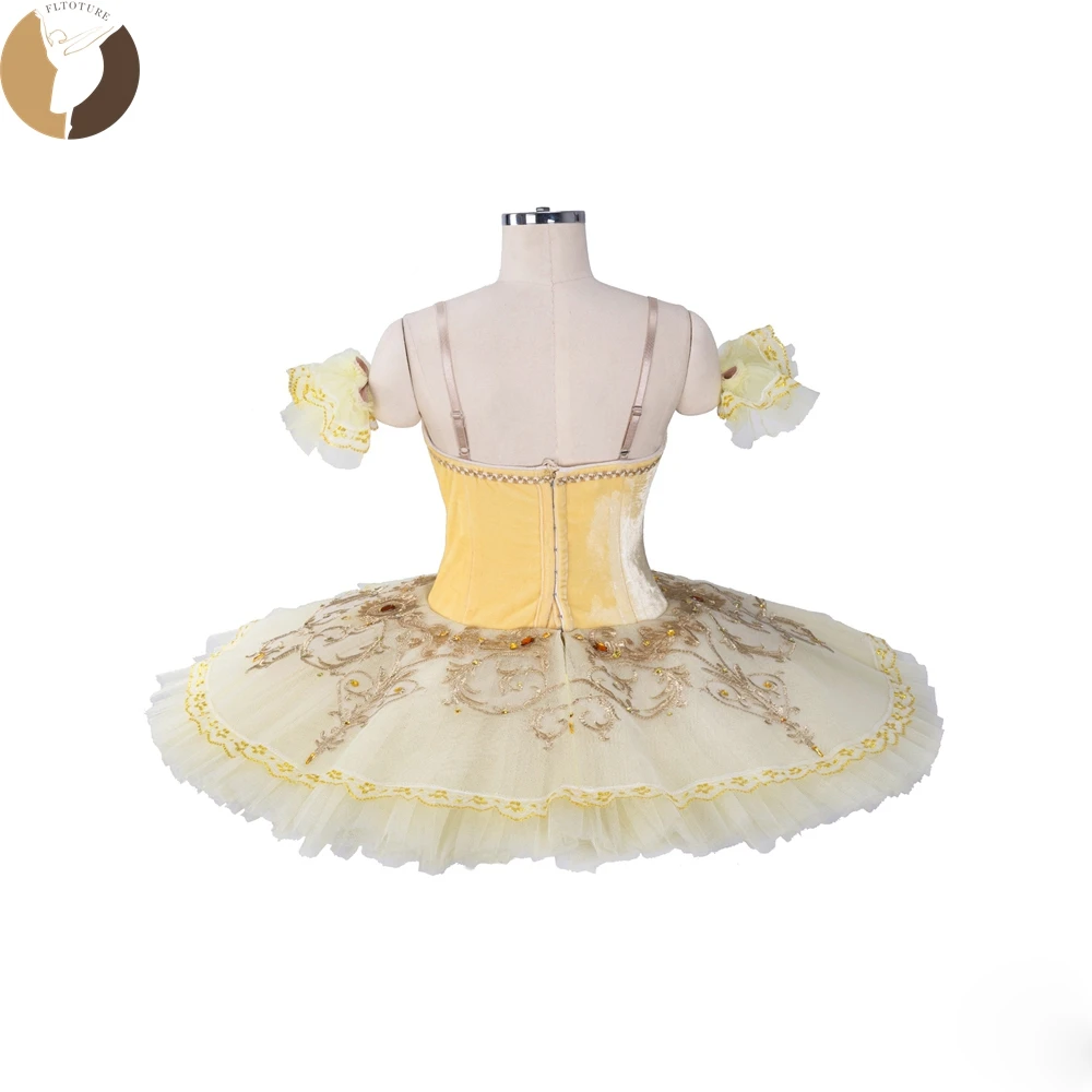 FLTOTURE 2023 New Elastic Velvet Body Yellow Tutu Skirt For Adult Kids Professional Ballet Paquita Nutcracker Competition Dress