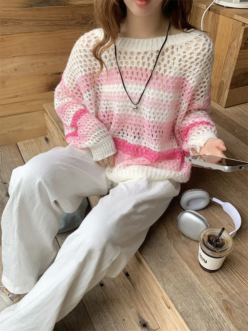 Pink Long Sleeve T-shirt Women Summer Thin Section Hollow Ice Silk Knit Sunscreen Coverall Korean Loose Tops Rainbow Stripes