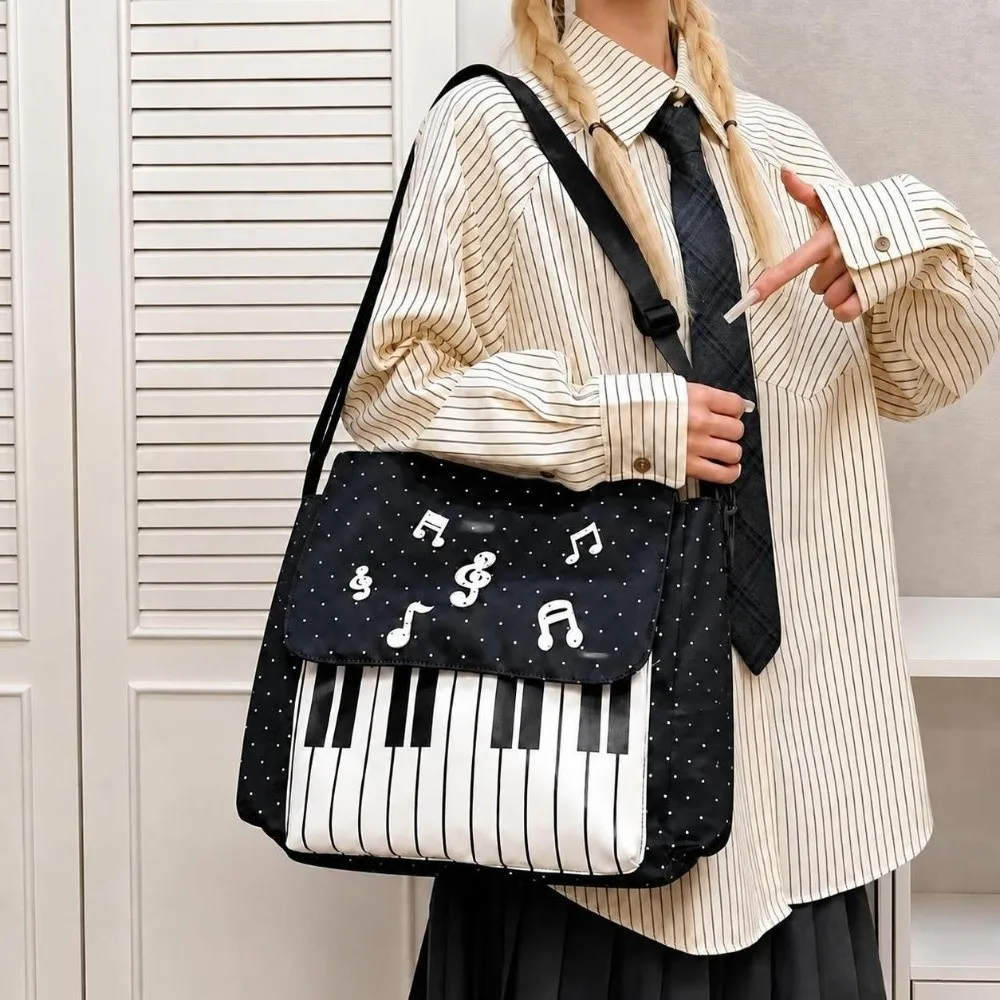 Polka Dot Print Piano Keyboard Print Messenger Bag Waterproof Large Capacity School Shoulder Bag Lightweight Multi-pocket