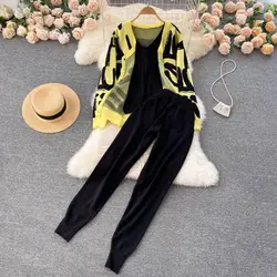 2024 New Autumn Winter Women's Sweater Set Fashion Knitted Coat Pant Sets Casual Loose Elegant Women‘s Three-piece  T51