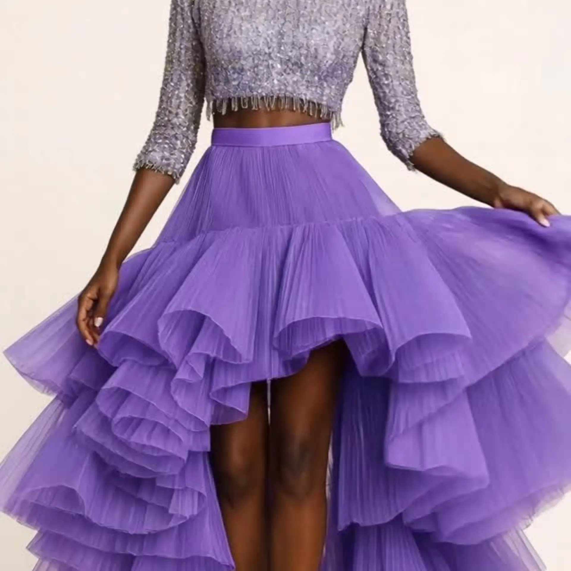 

Purple Layered Ruffled Tulle Skirt Women High Waist Asymmetrical Maxi Skirt for Wedding Prom Evening Party Dress Custom Made