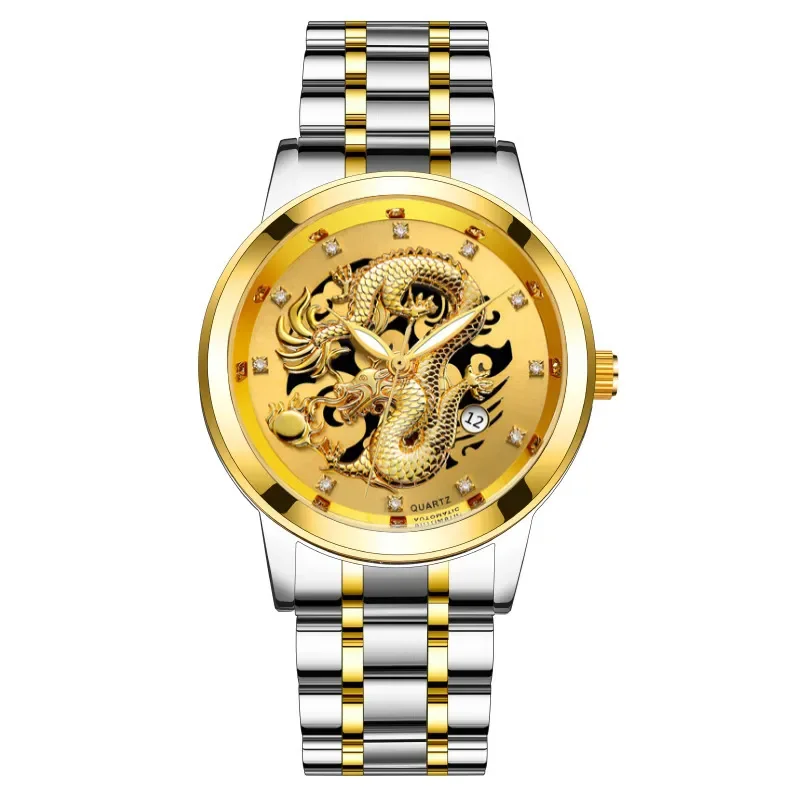 2023 Fashion Gold Dragon Watch Men Luxury Business Casual Watches Stainless Steel Auto Date Quartz Wristwatches Men Montre Homme