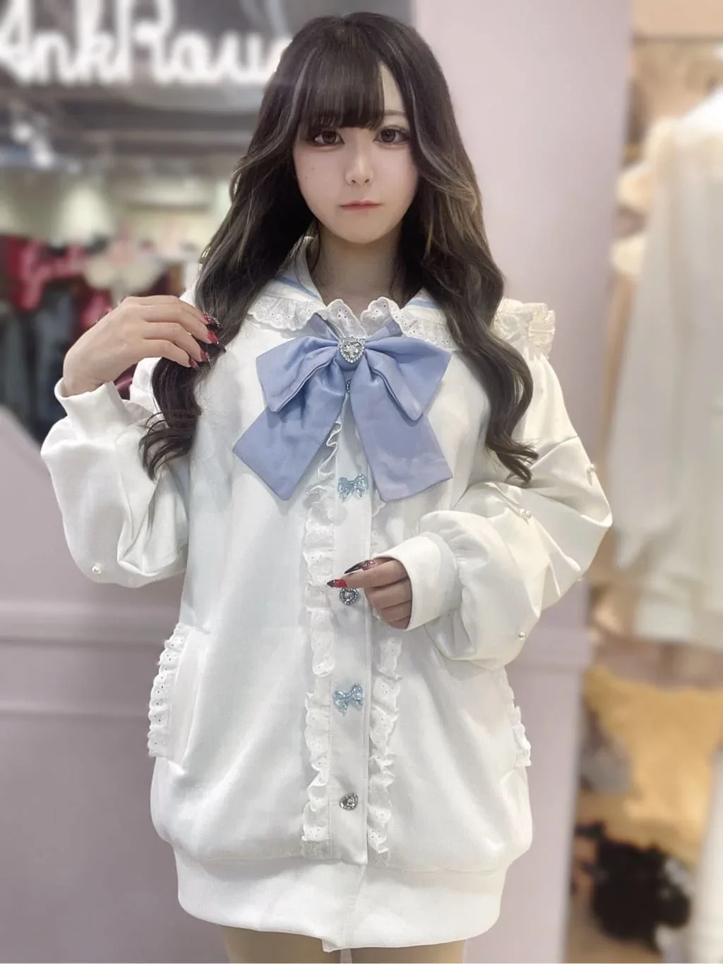 Japanese Style Sweet and Cute Sailor Collar Big Bow Tie Long Sleeve Mid-Length Sweatshirt Girl Womens Loose Cardigan Hoodie Coat