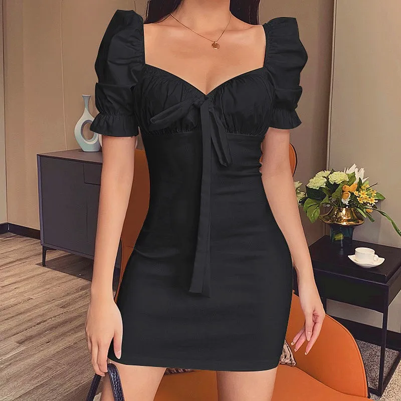 Cute Heart Collar Bubble Sve Dr Simp Skin Bestseller Waist Cinched Pleated Chest Tied Bodycon Skirt Polyester Nylon C...