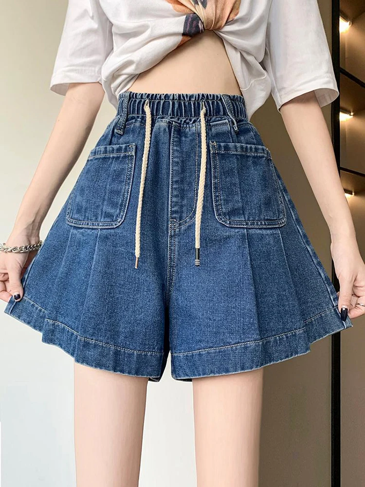 Fashion Streetwear Jean Pleated Skirt Shorts Women Summer Loose Big Size Wide Leg Short Femme Elastic Waist Ruffles Denim Shorts