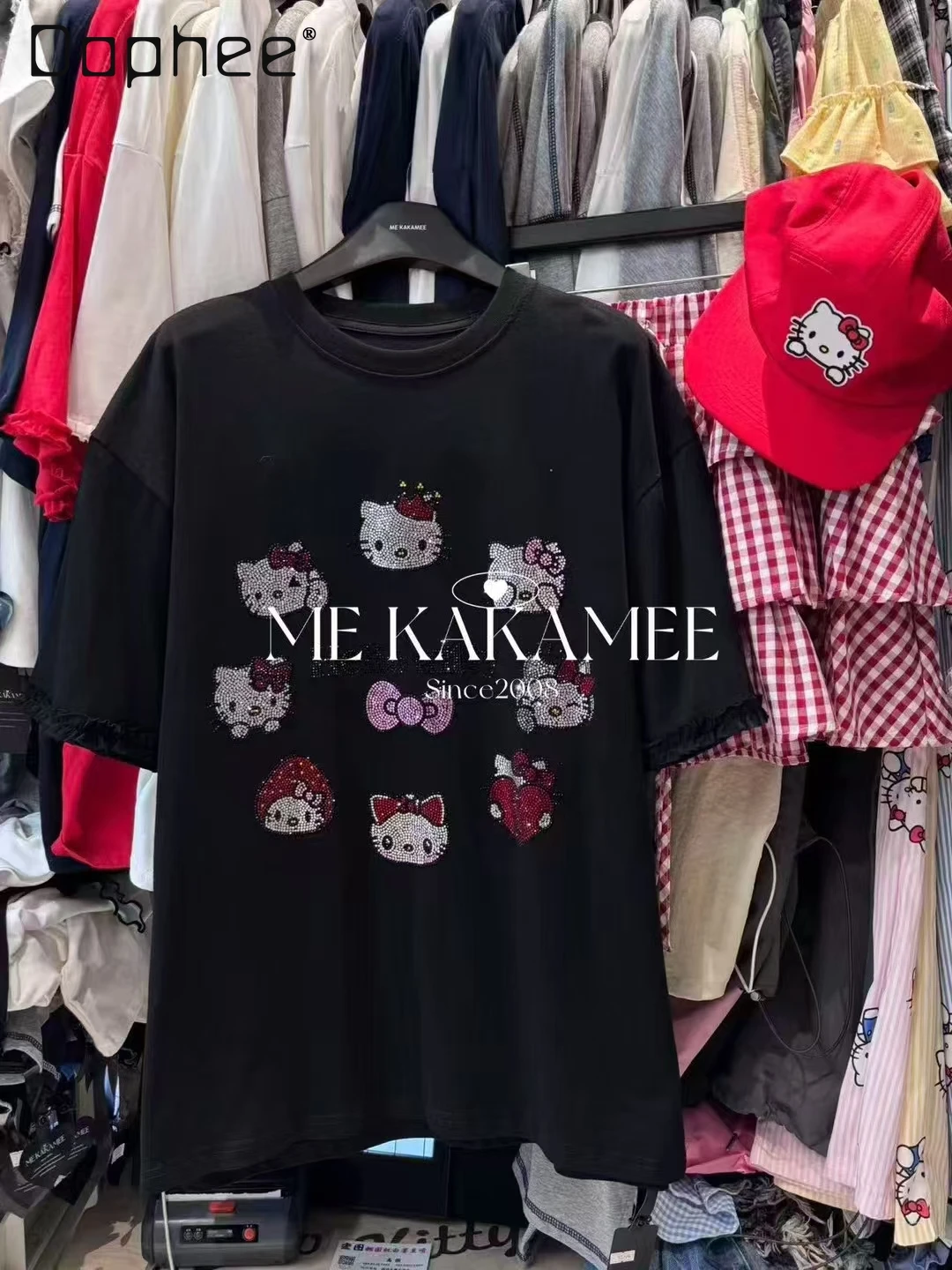 

Diamond T-shirt Short-sleeved Women's Summer Round Neck Loose Medium and Long Cartoon Cat White Thin Top 2025 New Trendy Tee