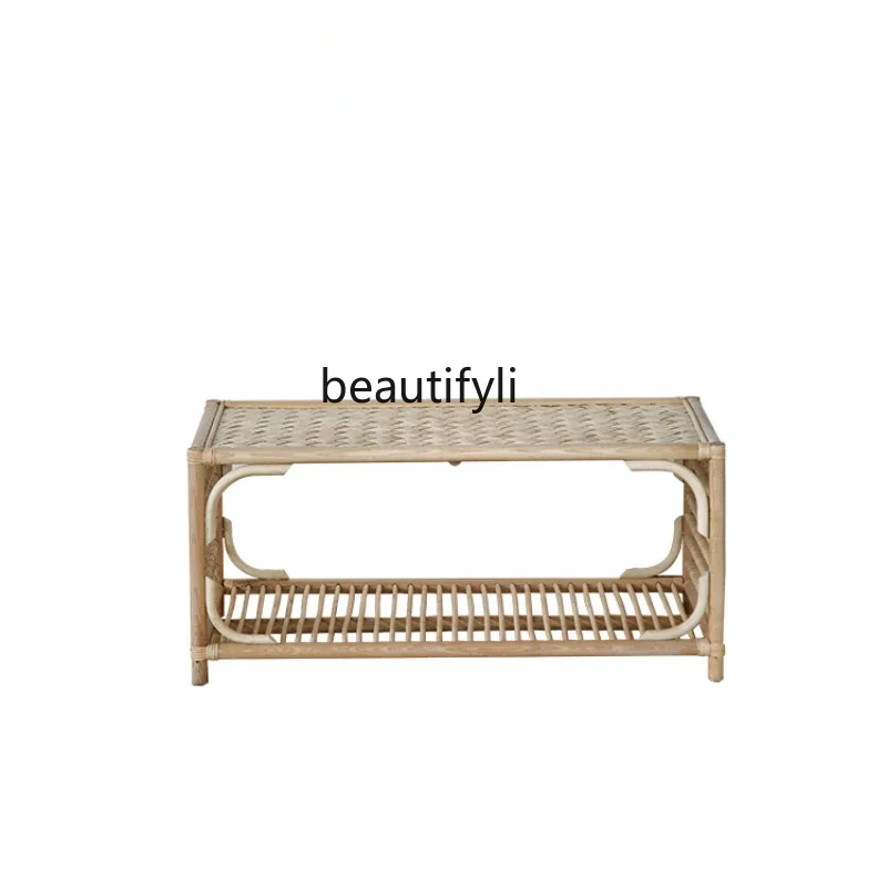 

Rattan woven Japanese-style small coffee table woven double-layer simple modern tea table living room home