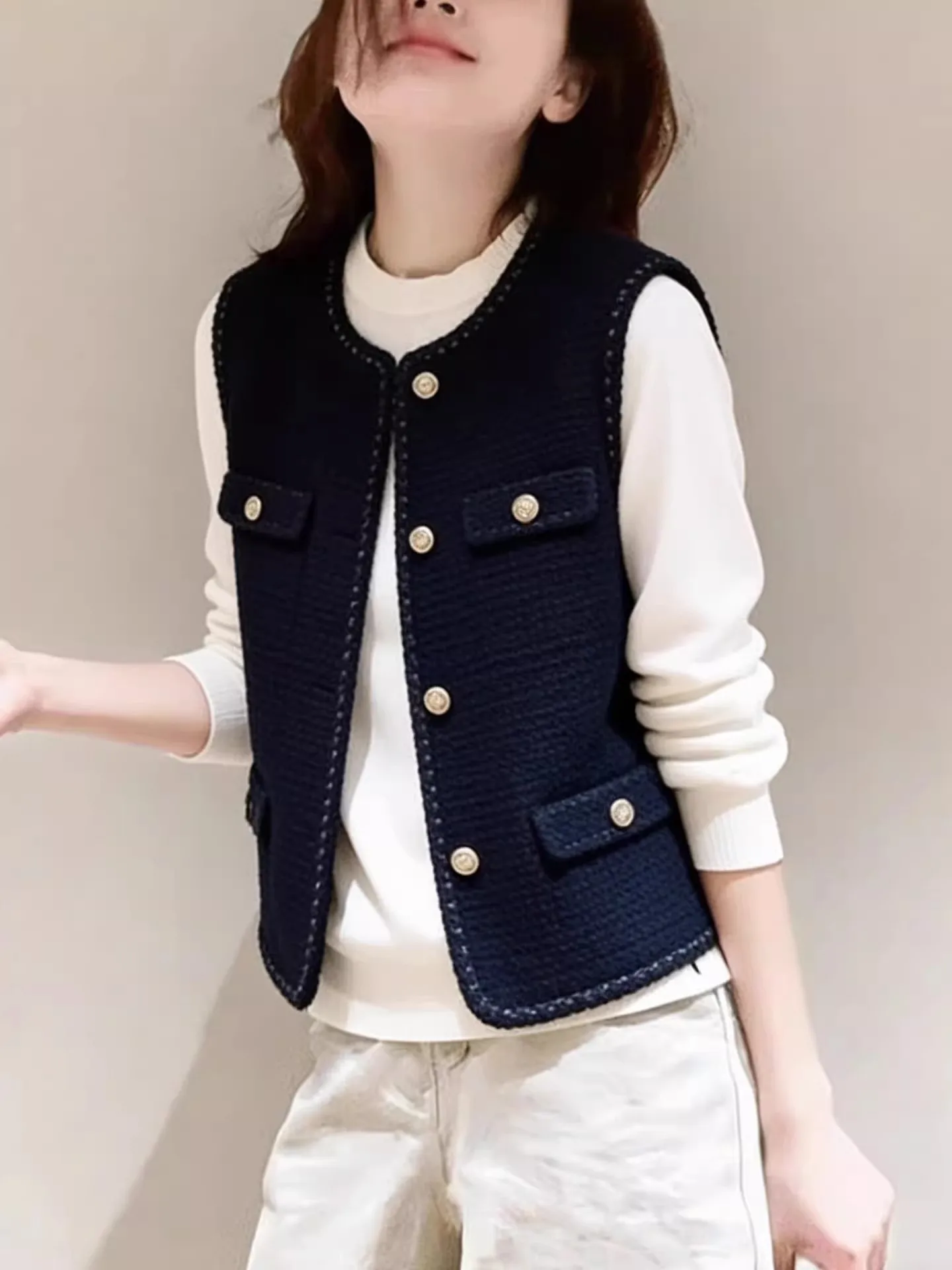 Spring 2026 New Style Women's Short Jacket Vest Small Size Elegant Beauty Miniature Fragrance Style Outerwear round Neck Sing...