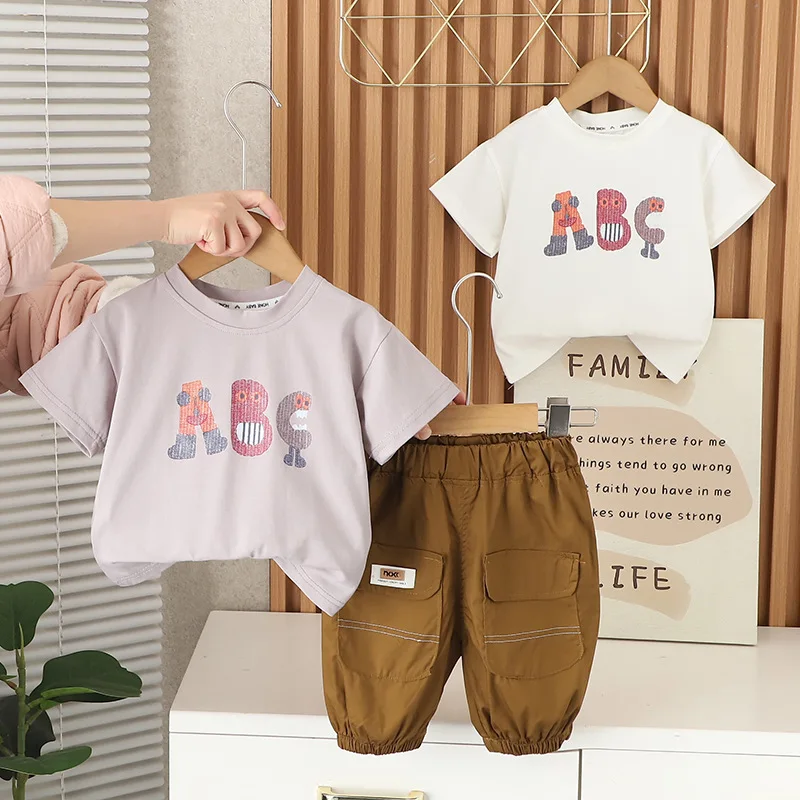 1-5Y Korean Kids' Summer Clothing Set Letter Print Short Sleeved T-shirt and Shorts Boys Casual 2pcs Suit Childrens Tees Outfit