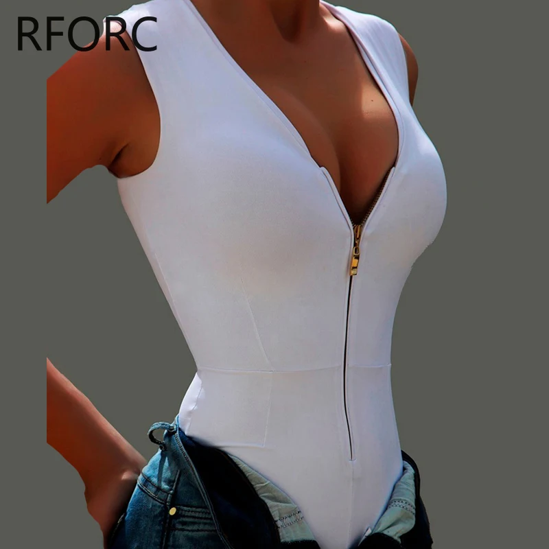 2024 Women Sexy Solid Sleeveless Deep V Neck Zipper Decoration Sexy Bodysuit