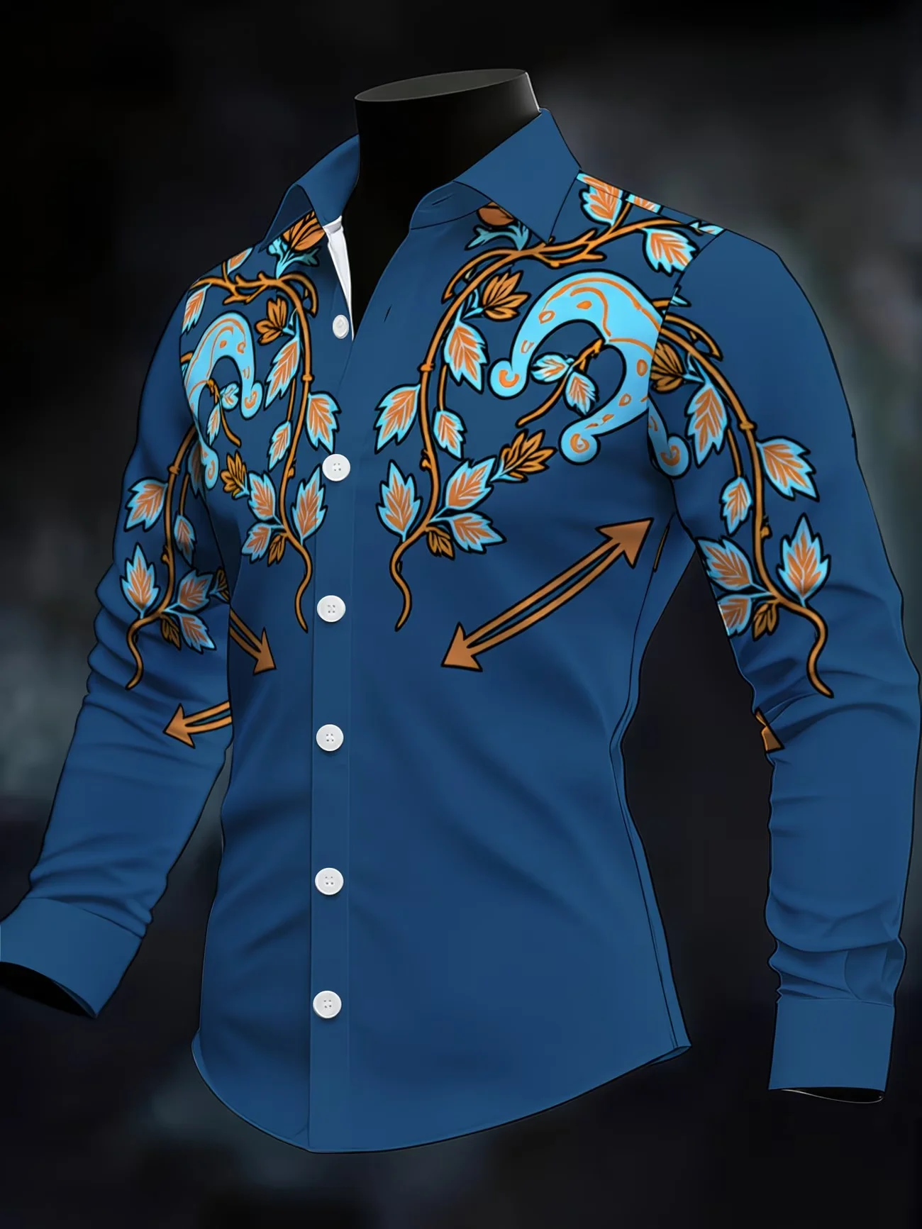 New blue background western style cashew flower leaf vine print men's long sleeved shirt retro casual flower shirt