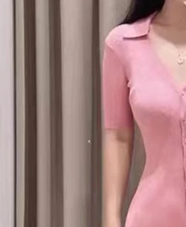 Women Pink Knit Slim Dress Short Sleeve V Neck Ladies Elegant Evening Party Mini Dress