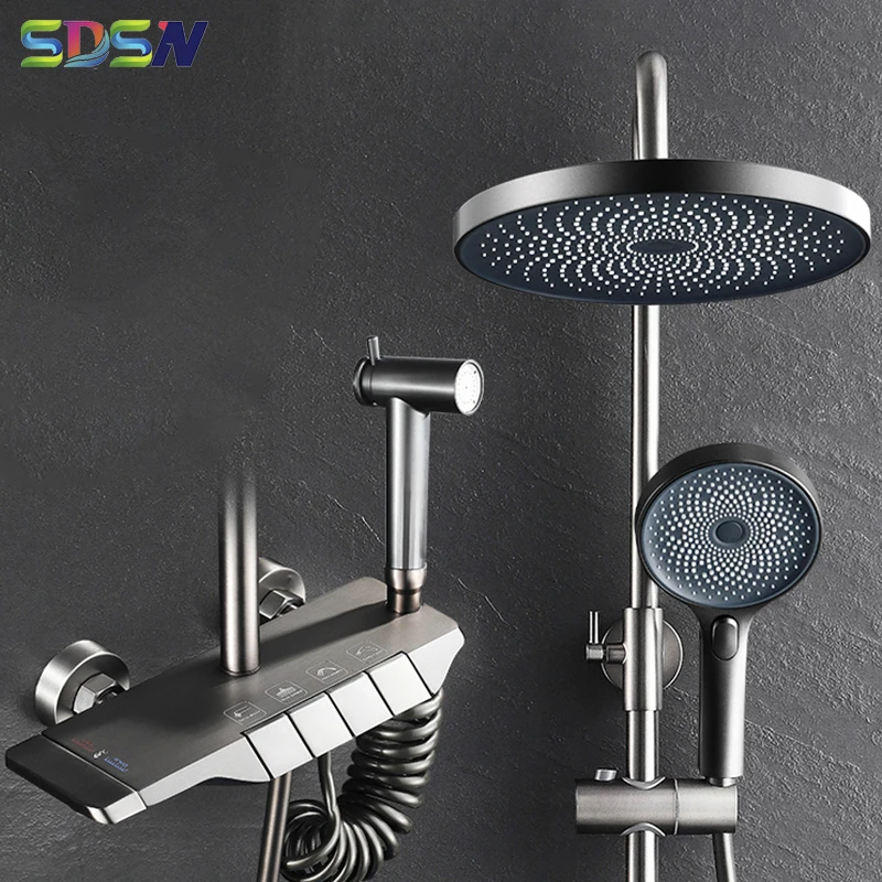 

Grey Bathroom Faucet Solid Brass Piano Thermostatic Shower System Hot Cold Waterfall Mixer Tap Piano Bath Shower Sprinkler Set