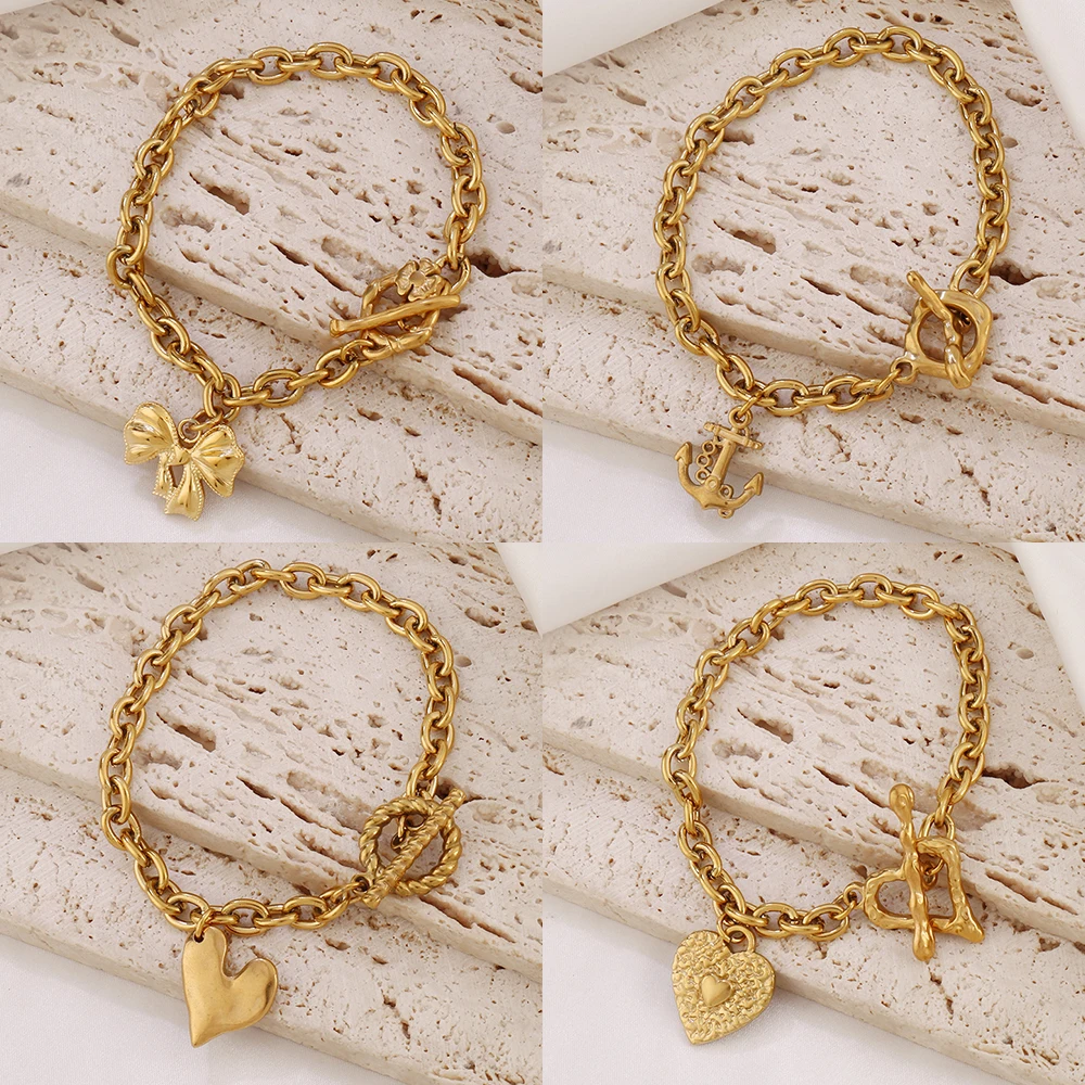316L الفولاذ المقاوم للصدأ Bowknot القلب سلسلة سوار للنساء 18K مطلية بالذهب مرساة تبديل المشابك أساور فام مجوهرات هدايا