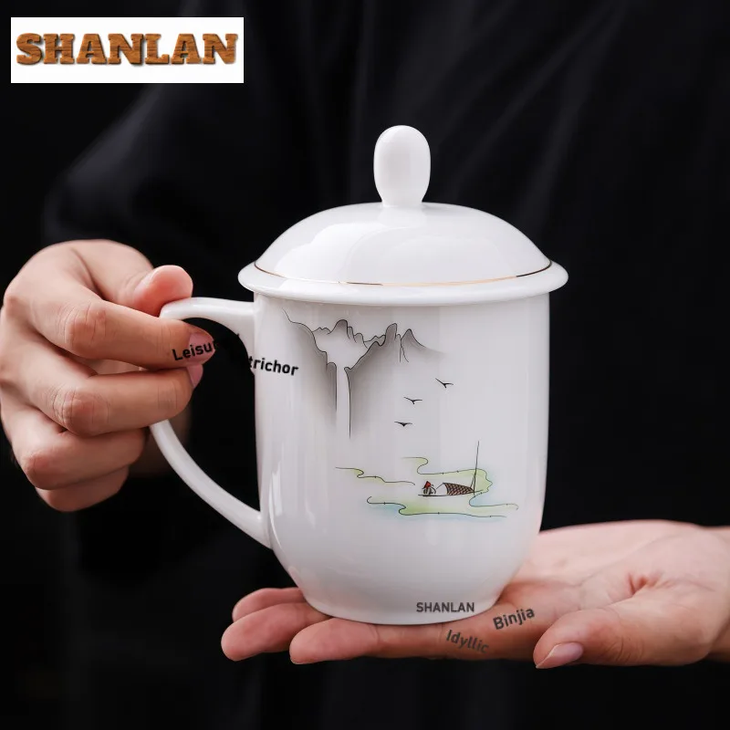 380ml Mutton Fat Jade Porcelain Coffee Mug Kitchen Cup Afternoon Tea Mug Water Cold Jug Office Water Cup With Lid Tableware Gift