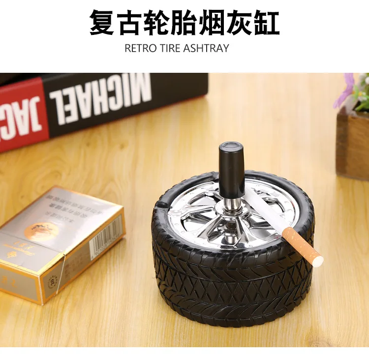 Stainless Steel Press Tire Type Ashtray, Windproof Rotation with Cover, Practical Smokeless Metal Ashtray