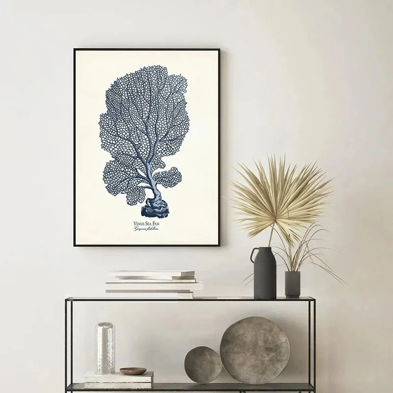 Navy Blue Indigo Sea Coral Sea Life Beach Coastal Vintage Nautical Wall Art Posters Prints Canvas Painting for Room Home Decor