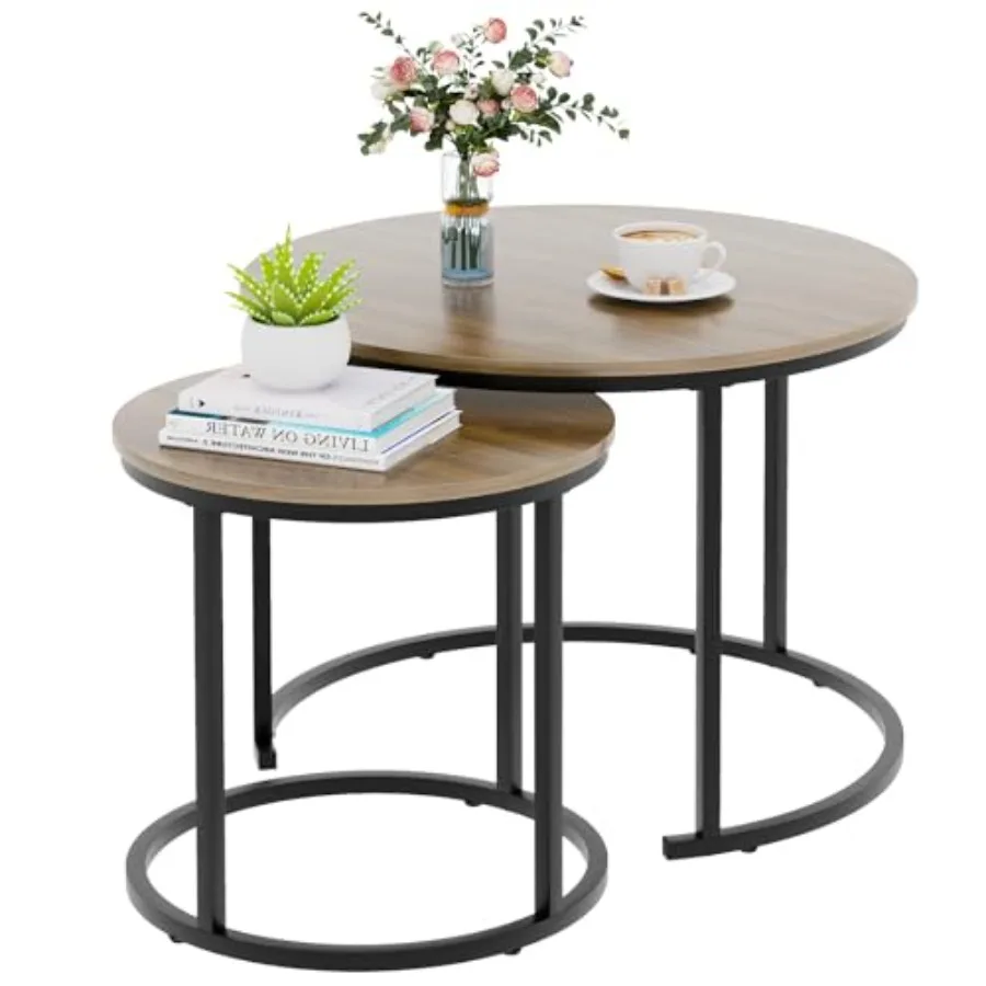 Nesting Coffee Table 23.6" Round Coffee Table Set of 2 Wooden Nesting Table Set with Metal Frame Side Tables for Living Room Be