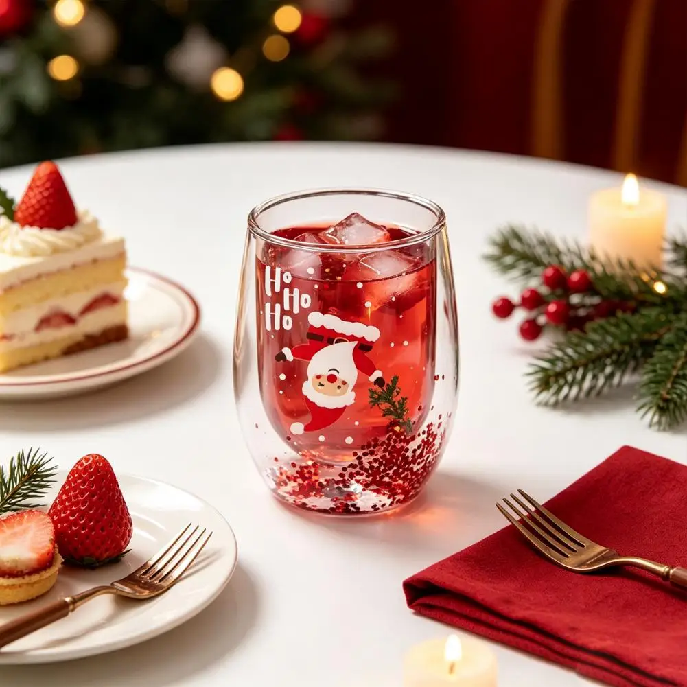 Double Layer Glass Cup with Santa Claus/Small Tree/Stack/Bag Patterns Decor Clear Borosilicate Glass Cup 300ml Coffee Mug