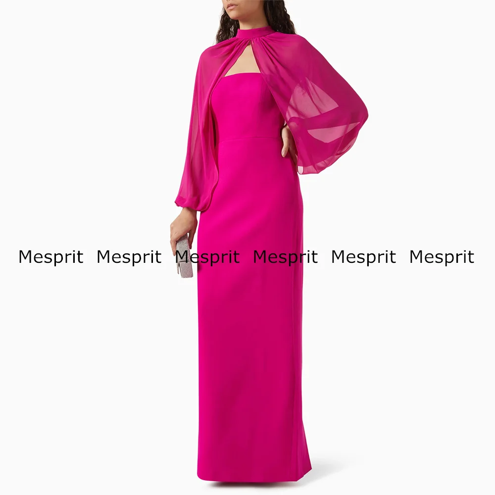 Fashion Fuchsia Evening Dress Detachable Long Sleeves Strapless Straight Prom Dresses Back Zipper Simple Arabian Party Gown