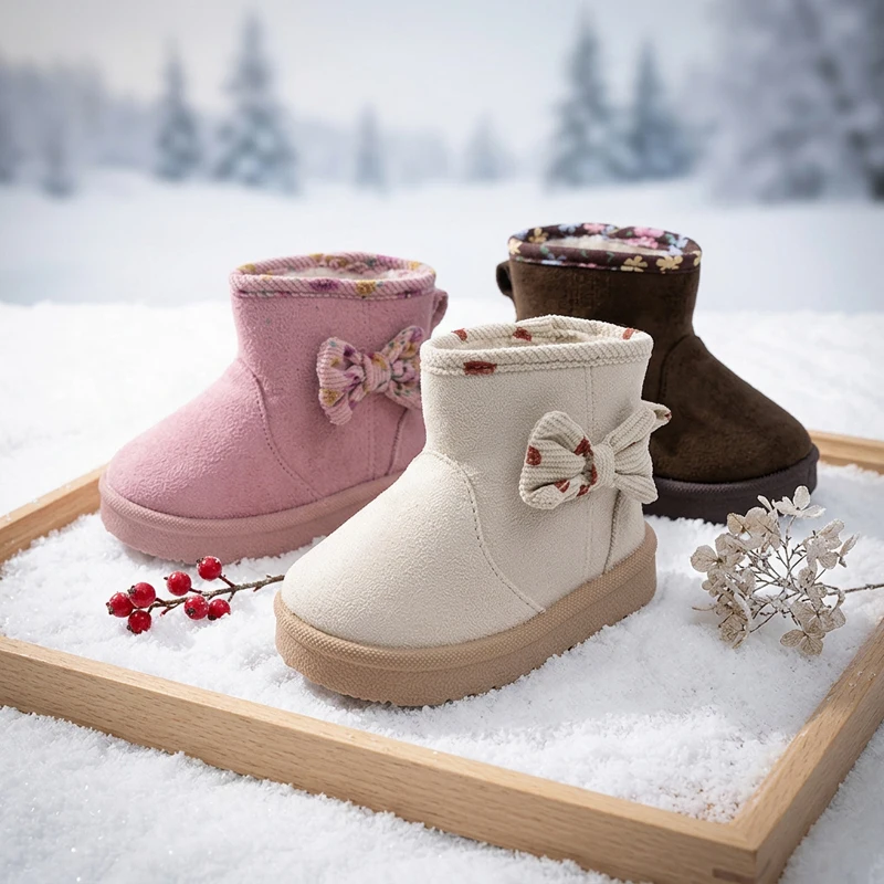 Faux Suede Sweet Bow Girls Kids Boots Plush Warm Winter Cotton Shoes for Toddler Girl Thick Bottom Slip On Snow Boots CSH1700