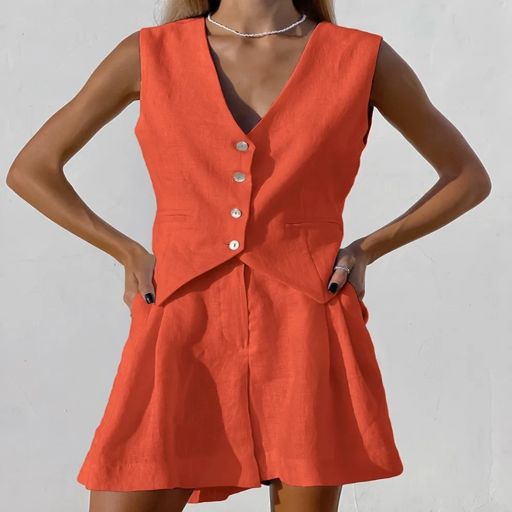 Current Season Style Blazer Vest Set Minimalist Cut Cotton Linen Fabric Cotton Linen Outfit Elegant Silhouette
