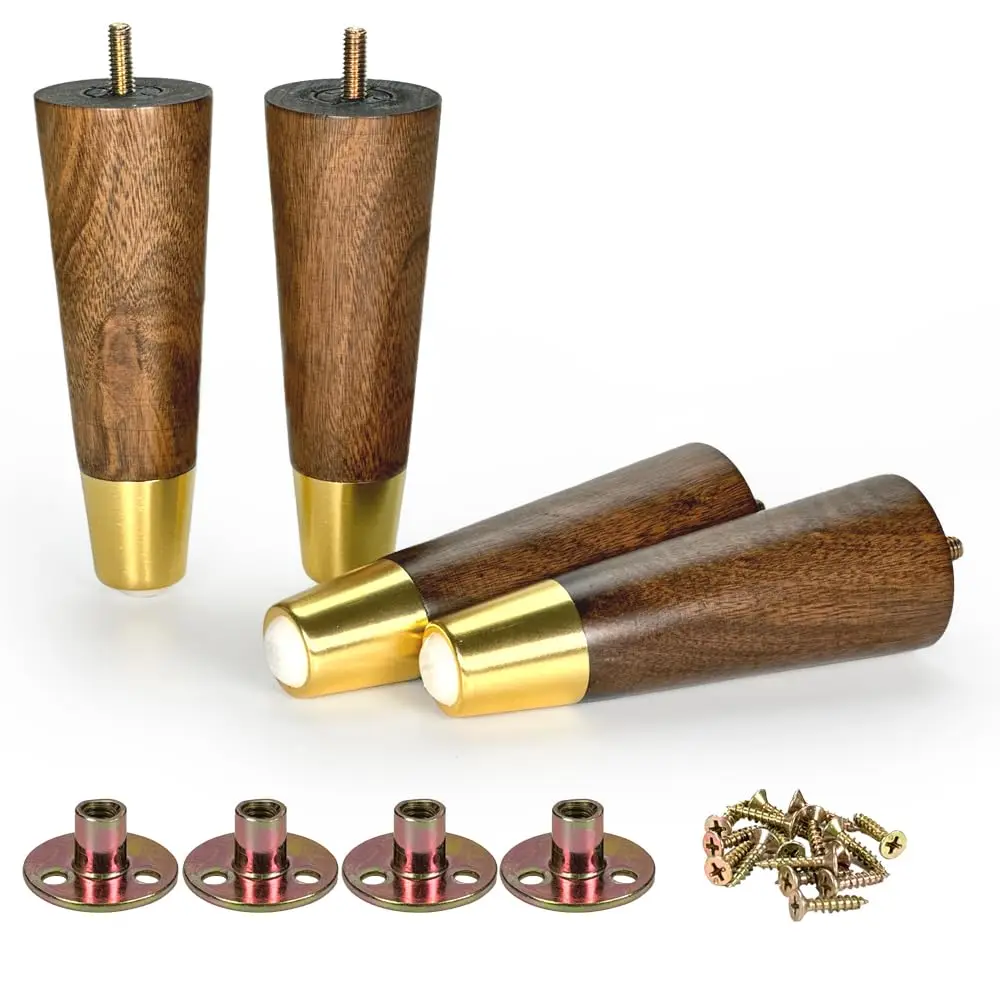 4″/6″ Wooden Furniture Legs Set of 4 with Gold Cap – Replacement Sofa Legs for Couch, Cabinet, Dresser, Armchair (Dark Brown)
