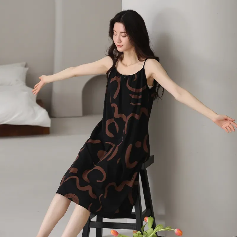 Women's Cotton Abstract Print Nightdress With Built-in Bra Pads Sleeveless Slip Dress Casual Homewear