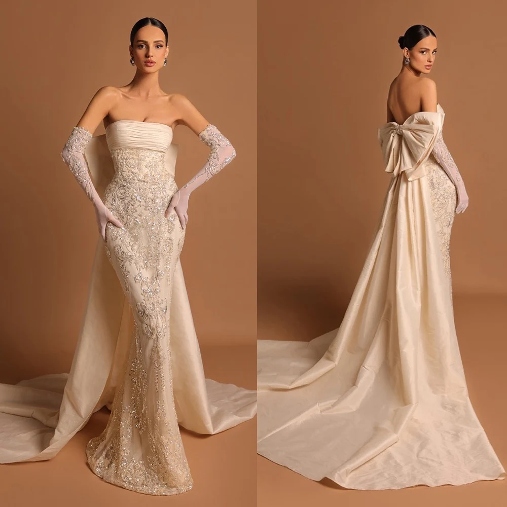 

Vintage Strapless Wedding Dresses Sequins Appliques Bridal Gowns Detachable Train Bow Mermaid Customized Bride Vestidos De Novia
